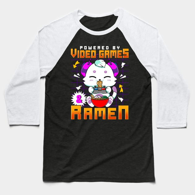 Powered By Video Games & Ramen Anime Cat Gamer Baseball T-Shirt by theperfectpresents